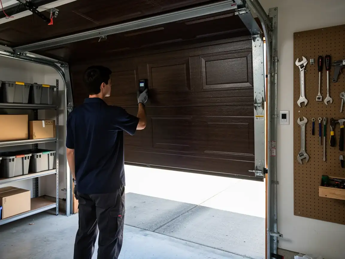 A technician holds a device to a brown garage door.