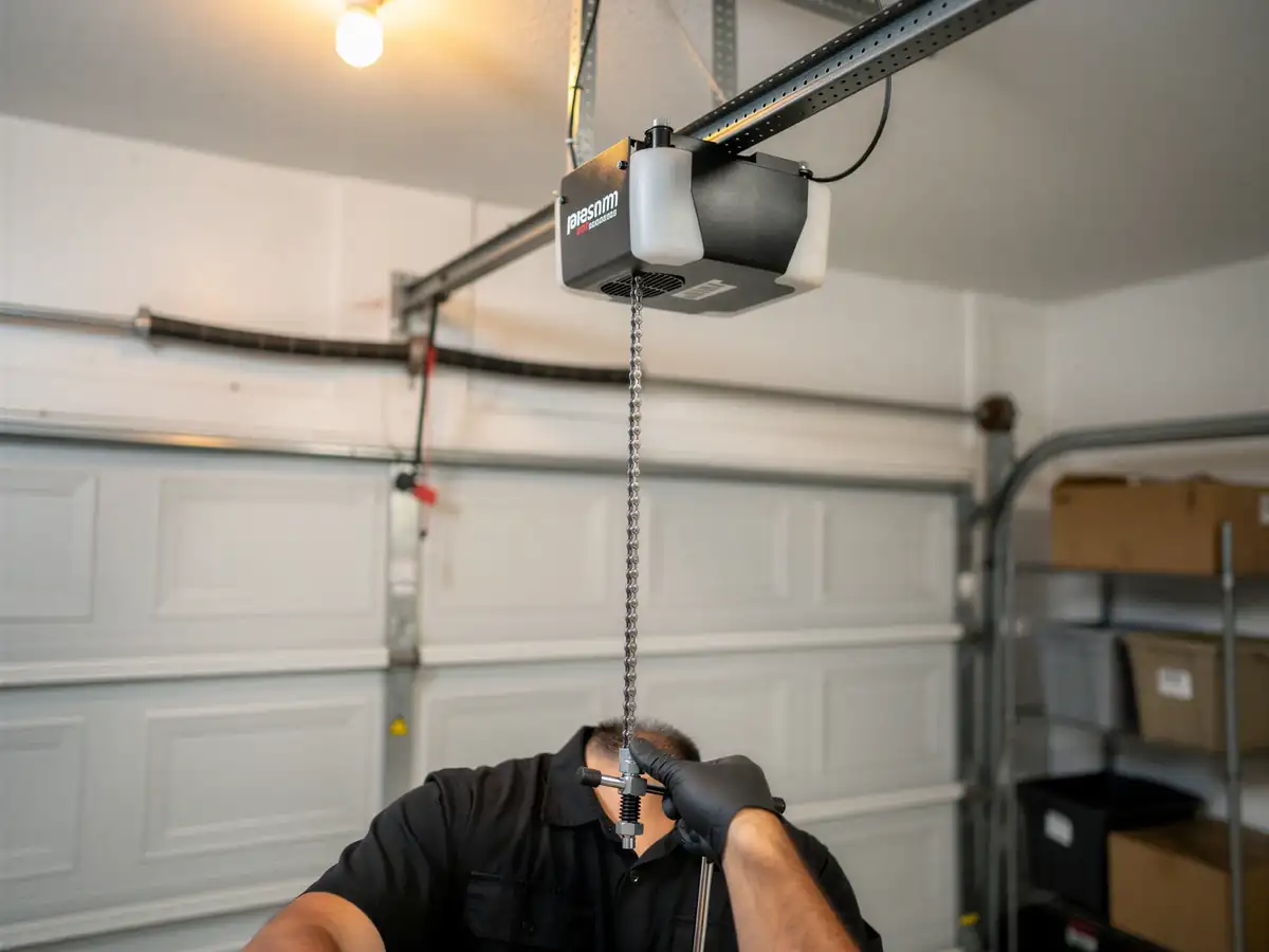 A technician in black gloves works on a garage door opener chain.