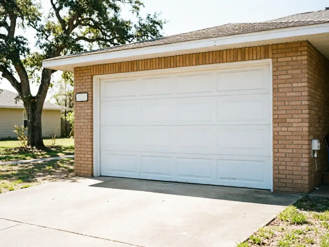 A white garage door is on a brick house with a concrete driveway.